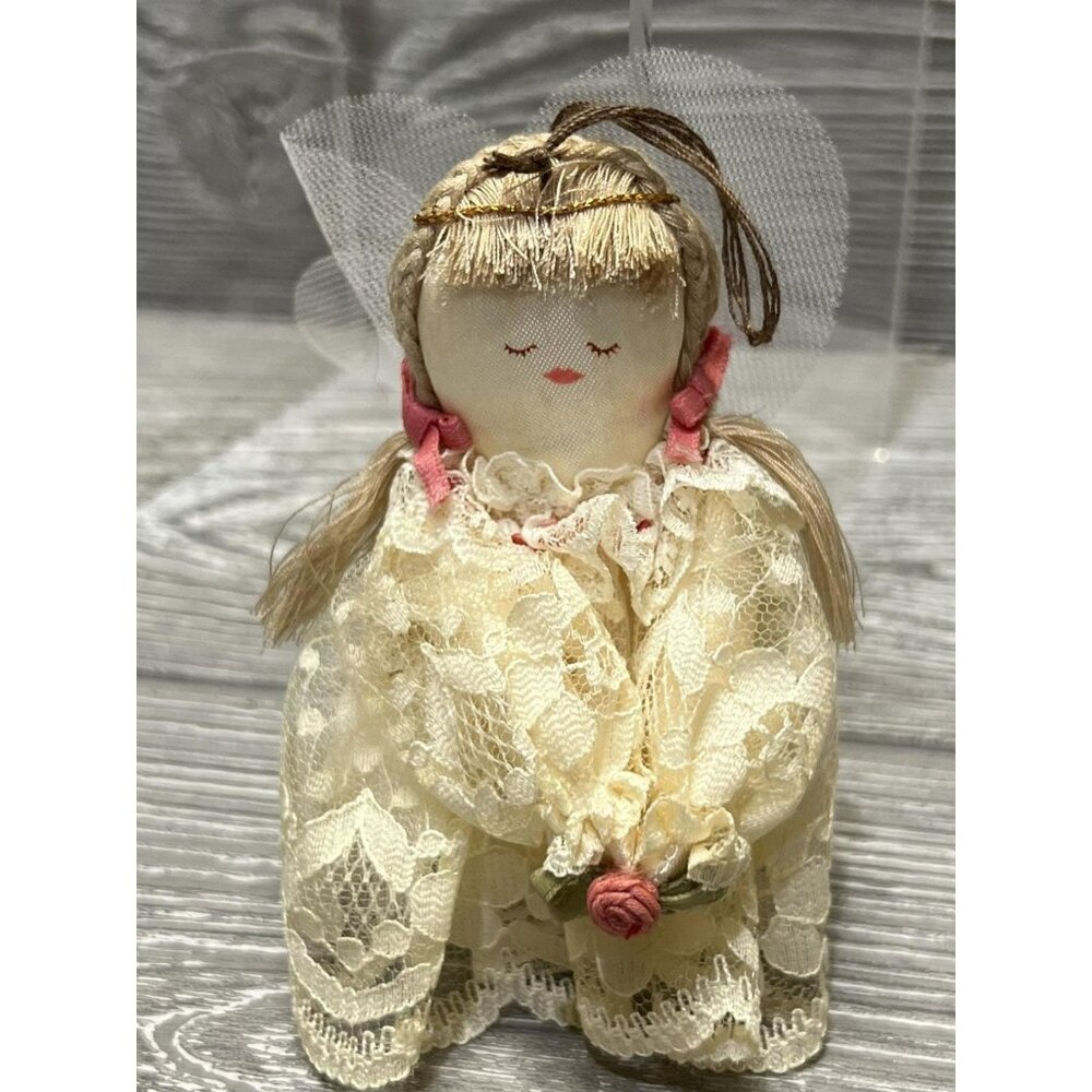 Hallmark Charming Angel Ornament Christmas Lace Fabric Vintage 1985 Small 4.25”